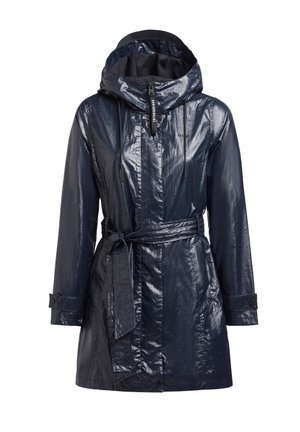 Abrigo impermeable azul marino con un acabado brillante, capucha ajustable, cintura con cordón y puños abotonados, con un diseño con cinturón y dos bolsillos.