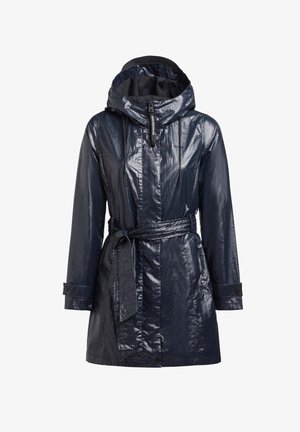 Marineblå vandtæt frakke med en glansfuld overflade, justérbar hætte, snoretræk i taljen og knappede manchetter, der har et bælte-design og to lommer.