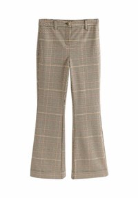 Ruutede brede bukser i beige, brun og sort. Har en knaplukning, fire lommer og et struktureret tekstilmønster.