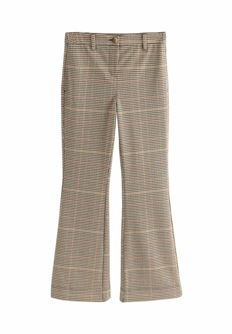 Geruite wijde broek in beige, bruin en zwart. Voorzien van een knoopsluiting, vier zakken en een textuurpatroon in de stof.