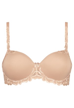 Lace-edge, nude push-up bra with smooth padded cups, adjustable straps, and decorative center detailing, featuring a soft sheen finish.