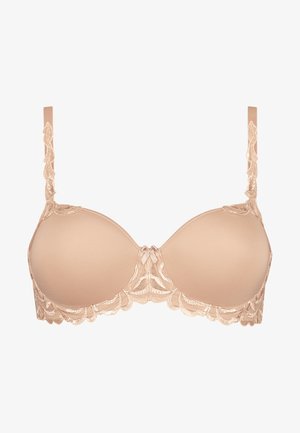 Spetskantad, naken push-up-bra med släta vadderade kupor, justerbara axelband och dekorativ detalj i mitten, med en mjuk glansig finish.