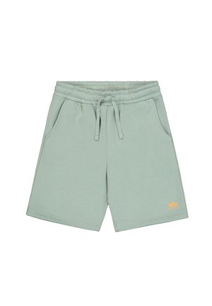 Mint zaļas kokvilnas šorti ar elastīgu jostu, auklu, divām sānu kabatām un dzeltenu logotipu apakšējā kreisajā pusē.