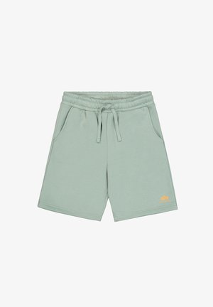 Mátově zelené bavlněné šortky s elastickým pasem, šňůrkou, dvěma bočními kapsami a žlutým logem na spodní levé straně.