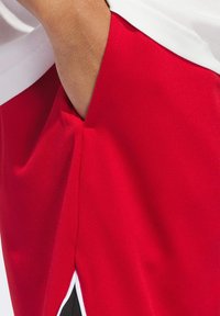 Röda atletiska shorts med mesh-textur, en sidoficka och vinklade vita och svarta accenter vid fållen. Slät tygfinish.