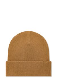 Berretto lavorato a maglia di un caldo colore marrone, con una parte superiore arrotondata e un risvolto. Il materiale appare morbido con una trama fine e un pattern uniforme.