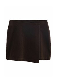 Black denim mini skirt with a folded design, featuring a smooth texture and a clean, unfinished hem. Simple, versatile styling.