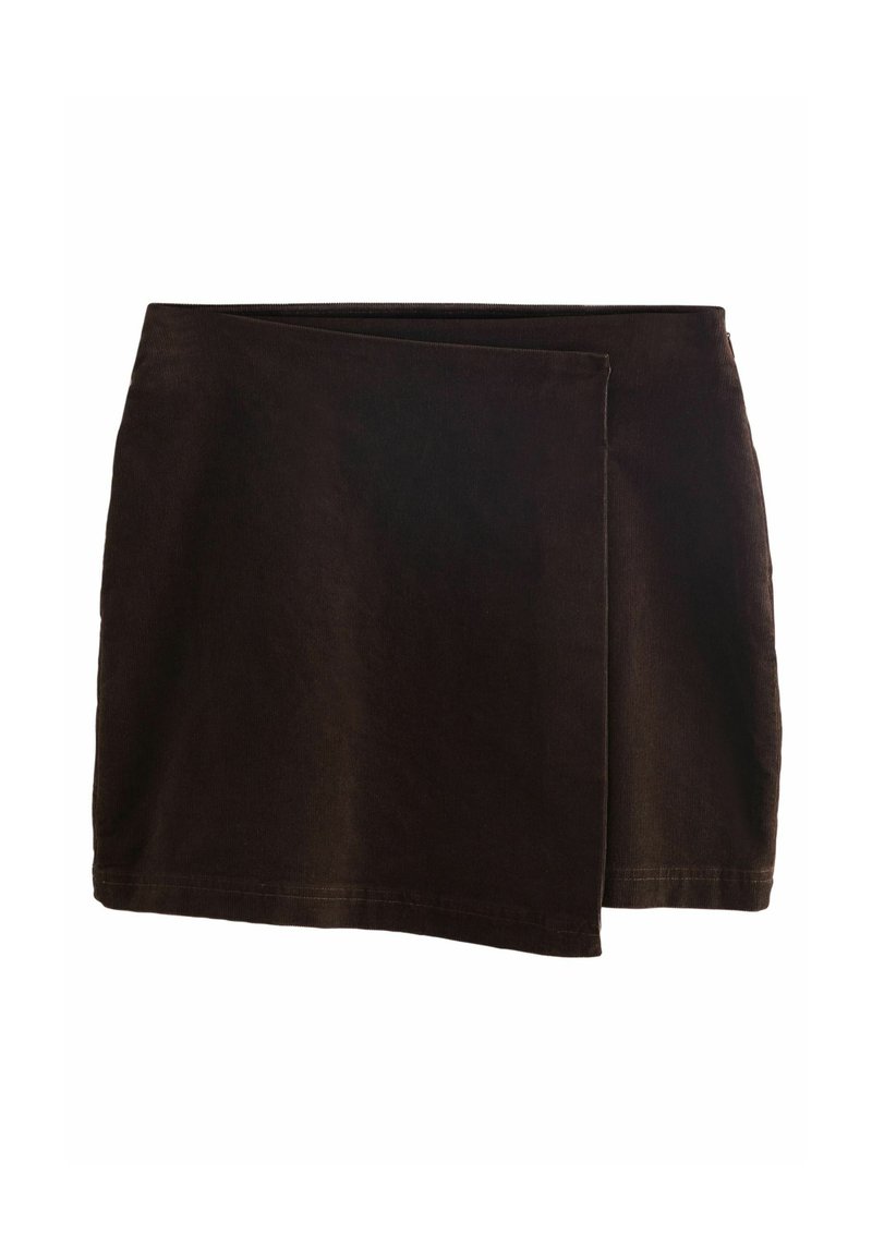Black denim mini skirt with a folded design, featuring a smooth texture and a clean, unfinished hem. Simple, versatile styling.
