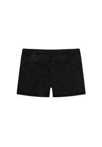Shorts de sport noirs au design ajusté, texture lisse, taille élastique et coutures renforcées le long des bords.