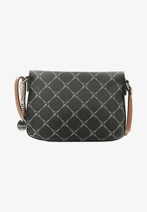 Sac bandoulière noir avec sangle beige, détail en chaîne et motif losange à pois blancs avec logos circulaires sur une surface texturée.