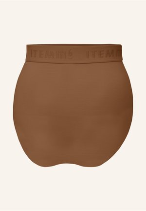 Culotte taille haute marron avec une texture lisse et une taille élastique arborant un logo discret en relief.