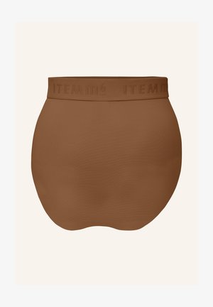 Mutande marroni a vita alta con una texture liscia e un elastico in vita che presenta un logo embossato sottile.