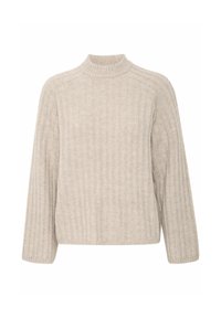 Suéter de punto acanalado beige con cuello alto simulado, mangas largas y un ajuste relajado. Textura suave con rayas verticales que realzan el diseño.