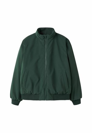Veste zippée vert foncé avec col montant, poignets et bas côtelés, et deux poches latérales sur fond blanc.