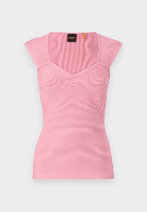 Pink ribbed tank top with a V-neck and cap sleeves. Features textured fabric and a fitted silhouette. Branding tag visible at the neckline.