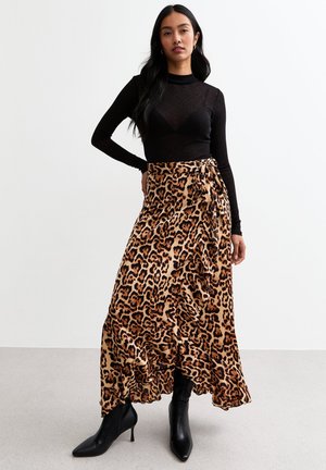 ANIMAL PRINT RUFFLE  - Maxi skirt - brown