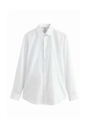 Biela košeľa s dlhým rukávom, zapínanie na gombíky, rozšírený golier, klasický strih; vyrobená z hladkej látky s viditeľným šitím na manžetách.