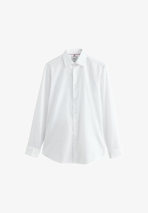 Weißes Langarmhemd, mit Knopfleiste, Kentkragen, klassischer Schnitt; aus glattem Stoff mit sichtbaren Nähten an den Manschetten.