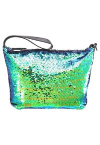 Borsa a pochette in paillettes con colori iridescenti verde e blu, caratterizzata da bordi neri e una tracolla removibile. Texture liscia e riflettente.