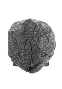 Gray fabric beanie with an abstract pattern, featuring a soft texture and a rounded shape. No visible hardware or accents.