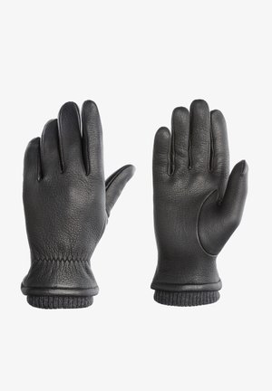 Gants en cuir noir avec un design à cinq doigts, finition texturée et poignets tricotés pour plus de chaleur et un ajustement confortable.