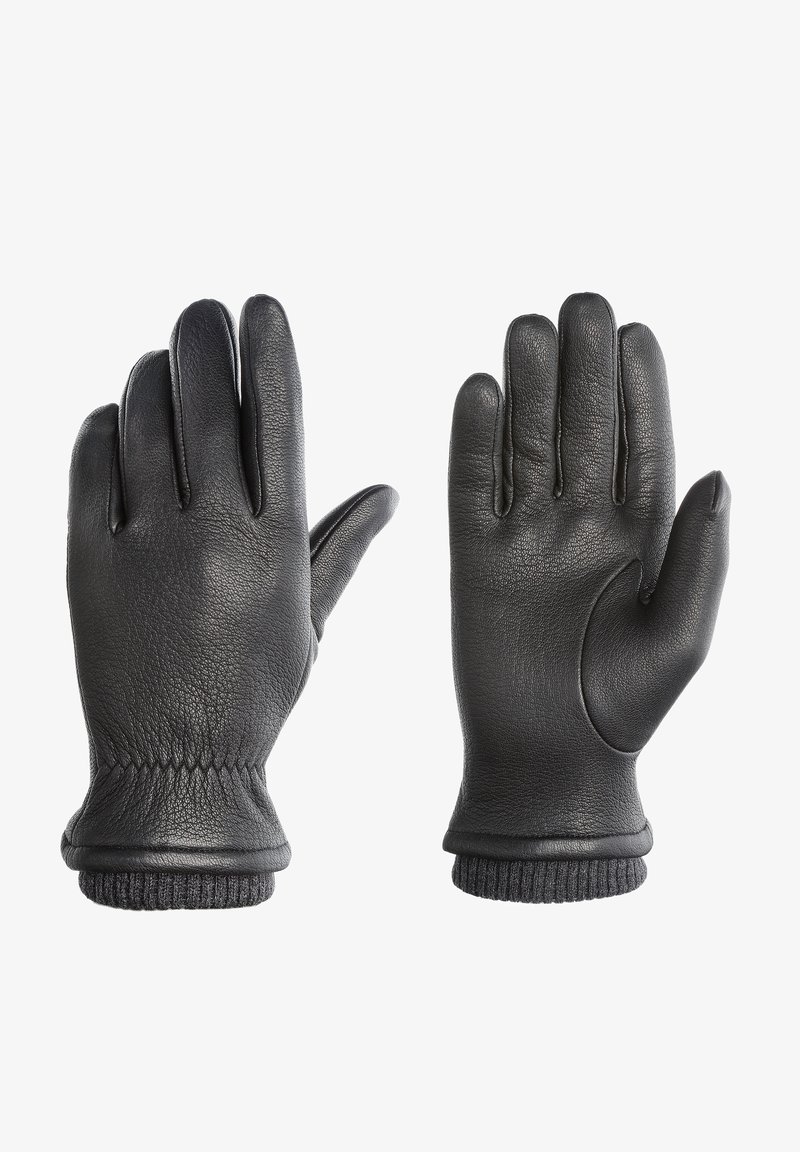 Juodi odiniai pirštinės su penkių pirštų dizainu, tekstūruota danga ir megztomis riešo apykaklėmis, suteikiančiomis papildomą šilumą ir patogų prigludimą.