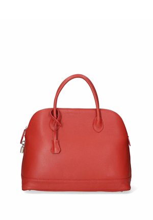 Borsa a mano in pelle rossa con forma arrotondata, superficie texturizzata, manici doppi e chiusura superiore con cerniera. Presenta cuciture a contrasto e una tasca laterale.