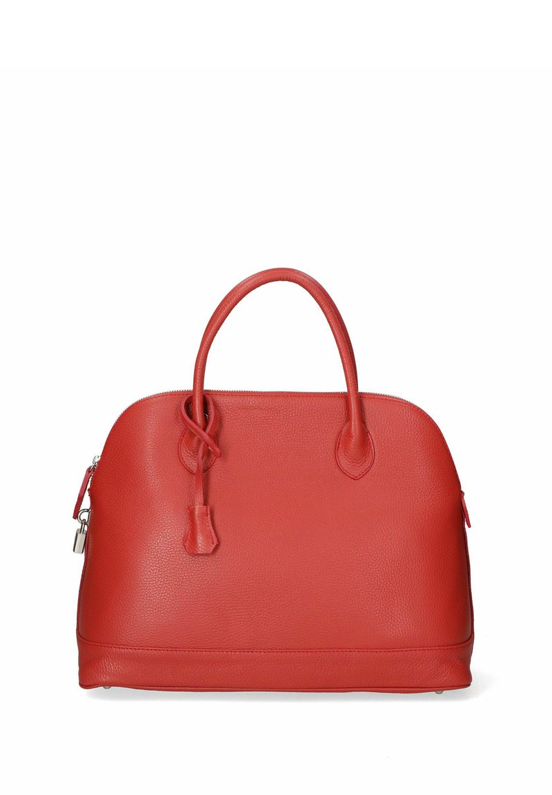 Czerwona skórzana torebka o zaokrąglonym kształcie, teksturowanej powierzchni, z dwoma uchwytami i zamknięciem na zamek. Posiada akcentujące przeszycia oraz boczną kieszeń.