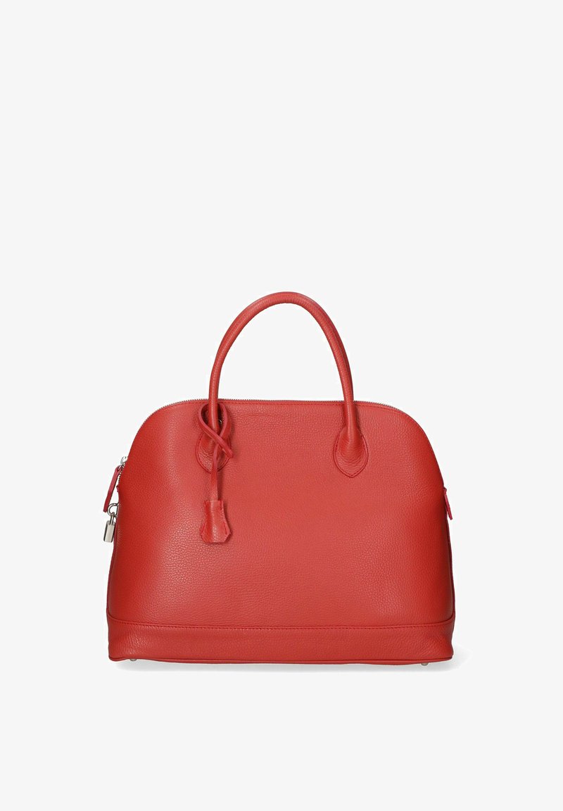 Czerwona skórzana torebka o zaokrąglonym kształcie, teksturowanej powierzchni, z dwoma uchwytami i zamknięciem na zamek. Posiada akcentujące przeszycia oraz boczną kieszeń.
