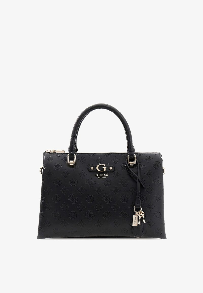 Sac à main noir en matière synthétique embossée, doté de ferrures dorées, de deux poignées et d'un pendentif suspendu avec des clés.