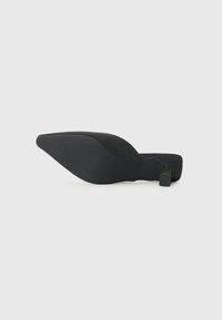 Black pointed-toe mule with a flat, square heel, made of a textured material and displaying a smooth surface. Sole has subtle traction lines.