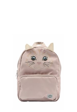 Rosa Rucksack mit einem Katzengesicht-Design, großen Augen, bestickten Akzenten und aufstehenden Ohren. Beinhaltet eine vordere Reißverschlusstasche und einen oberen Griff.