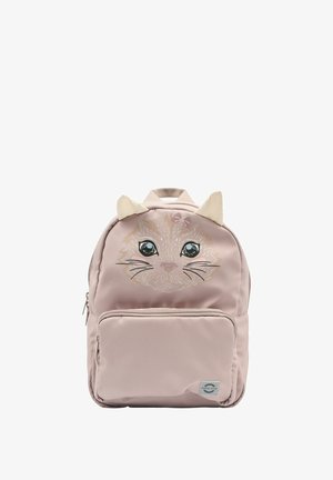 Ružový ruksak s dizajnom mačacej tváre s veľkými očami, vyšívanými detailmi a vystupujúcimi ušami. Obsahuje predné vrecko na zips a hornú rúčku.