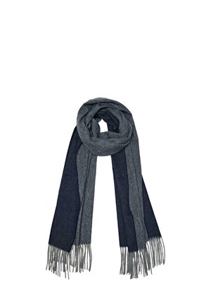 Grijze en marineblauwe wollen sjaal met een gestreept ontwerp, met franjes aan de uiteinden. Zachte textuur en gemiddelde breedte.