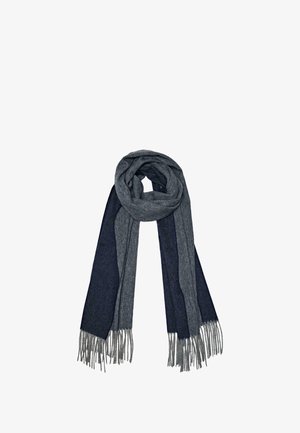 Grijze en marineblauwe wollen sjaal met een gestreept ontwerp, met franjes aan de uiteinden. Zachte textuur en gemiddelde breedte.
