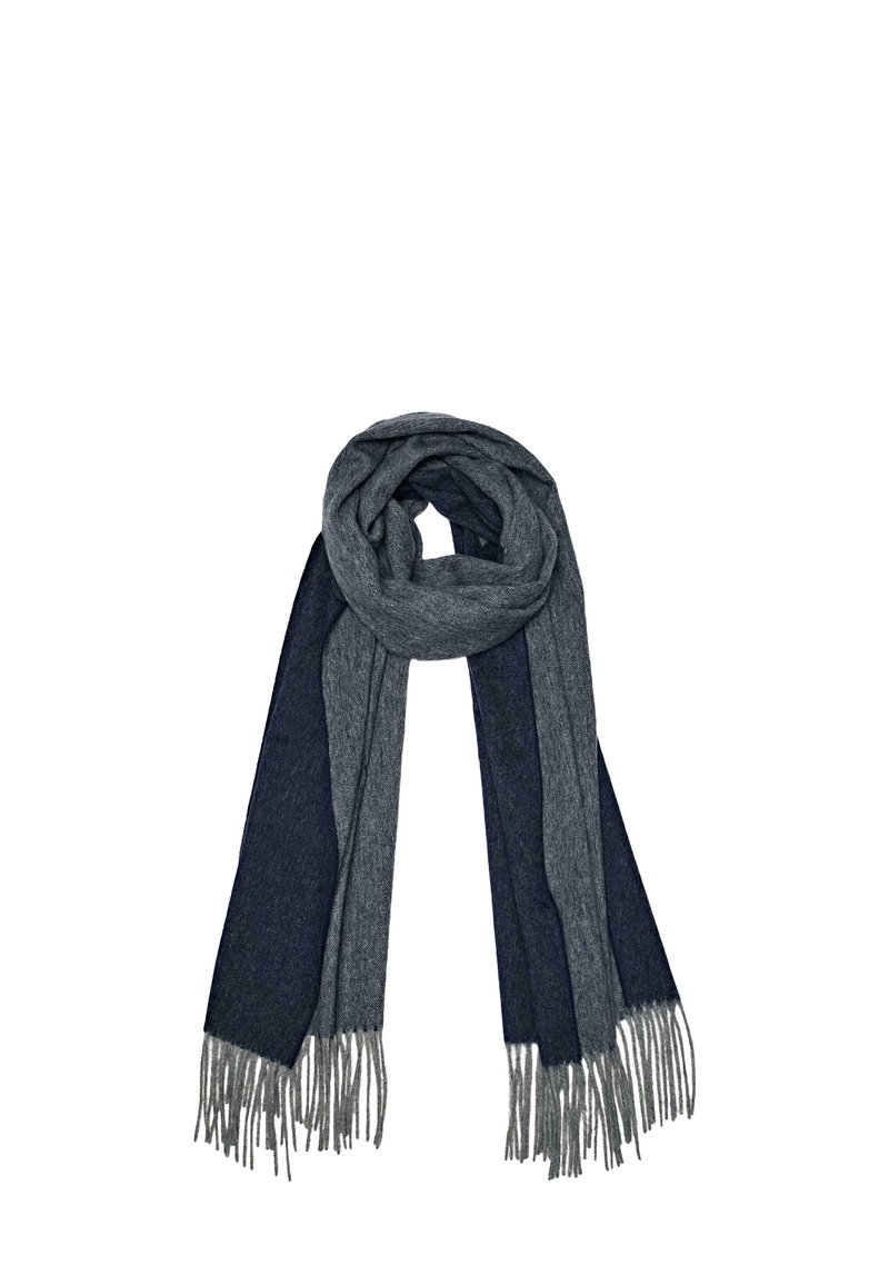 Grå og marineblå uldsjaal med et stribet design, der har frynser i enderne. Blød tekstur og moderat bredde.