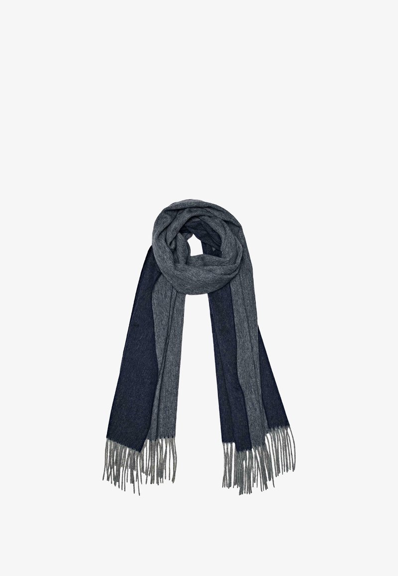 Grå og marineblå uldsjaal med et stribet design, der har frynser i enderne. Blød tekstur og moderat bredde.