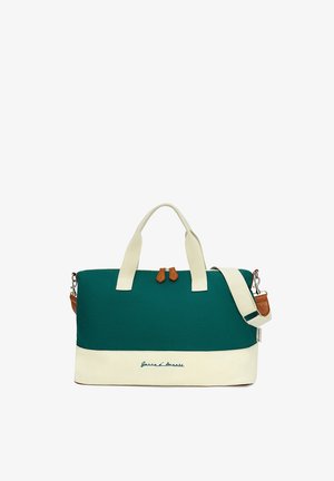 Teal and cream weekend bag with two cream handles, detachable shoulder strap, brown zipper pulls, and "Gassa d'Amante" embroidered on front.