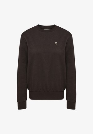 Dark brown sweatshirt made of soft fabric, featuring a round neck, ribbed cuffs, and a small logo with three chevron symbols on the chest.
