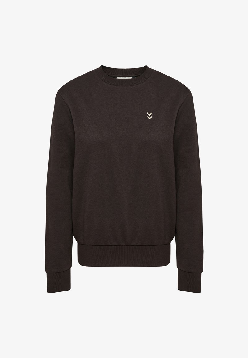 Dunkelbrauner Sweatshirt aus weichem Stoff, mit rundem Hals, gerippten Bündchen und einem kleinen Logo mit drei Chevron-Symbolen auf der Brust.