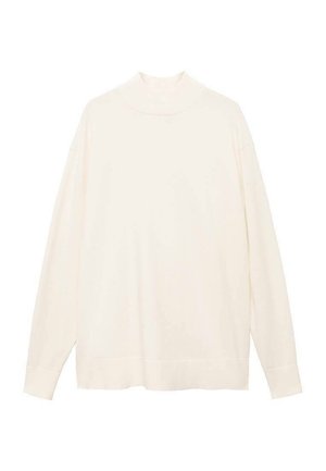 Pulover turtleneck crem cu mânecă lungă, cu o croială lejeră, textură moale și design minimal. Dispune de un guler înalt și manșete cu model din nervuri.