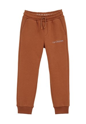 Bruine kinderjoggingbroek met elastische tailleband, trekkoord, zijzakken en tekst "Meet My Fur Friends" op linker dij.