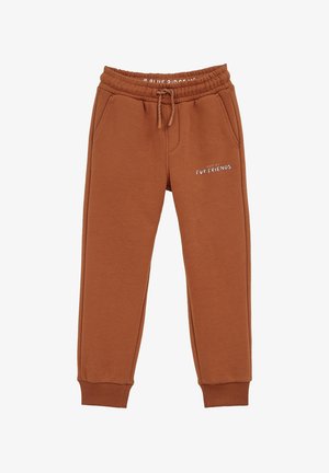 Braune Kinder-Jogginghose mit elastischem Bund, Kordelzug, Seitentaschen und "Meet My Fur Friends" Text am linken Oberschenkel.