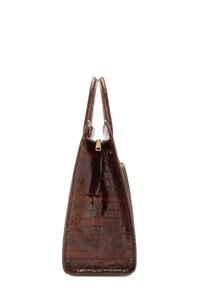 Brown crocodile-embossed leather handbag with two handles, a zip closure, and an angular shape, featuring a glossy finish and side pocket.