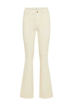 Pantalon taille haute de couleur crème avec jambes évasées, fermeture par boutons et passants de ceinture tressés à la taille.
