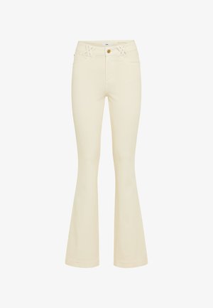Pantalon taille haute de couleur crème avec jambes évasées, fermeture par boutons et passants de ceinture tressés à la taille.