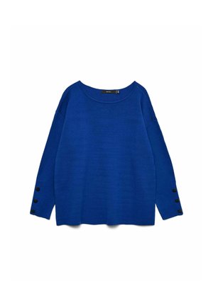 Blauwe trui met een ronde halslijn, lange mouwen en vier zwarte knopen op de mouwmanchetten. Gebreide textuur en een relaxed fit.