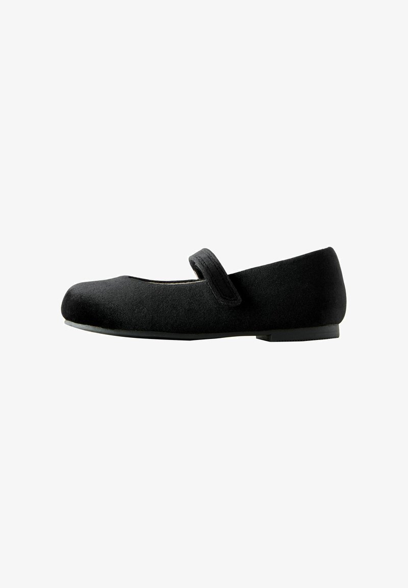 Chaussure plate Mary Jane noire avec bout arrondi et une seule bride velcro sur le dessus du pied, présentée en profil latéral sur fond blanc.