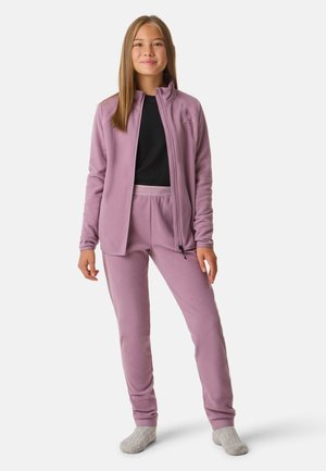Fleece tracksuit in light purple, featuring a zip-up jacket with high collar and matching pants with an elastic waistband, smooth texture.