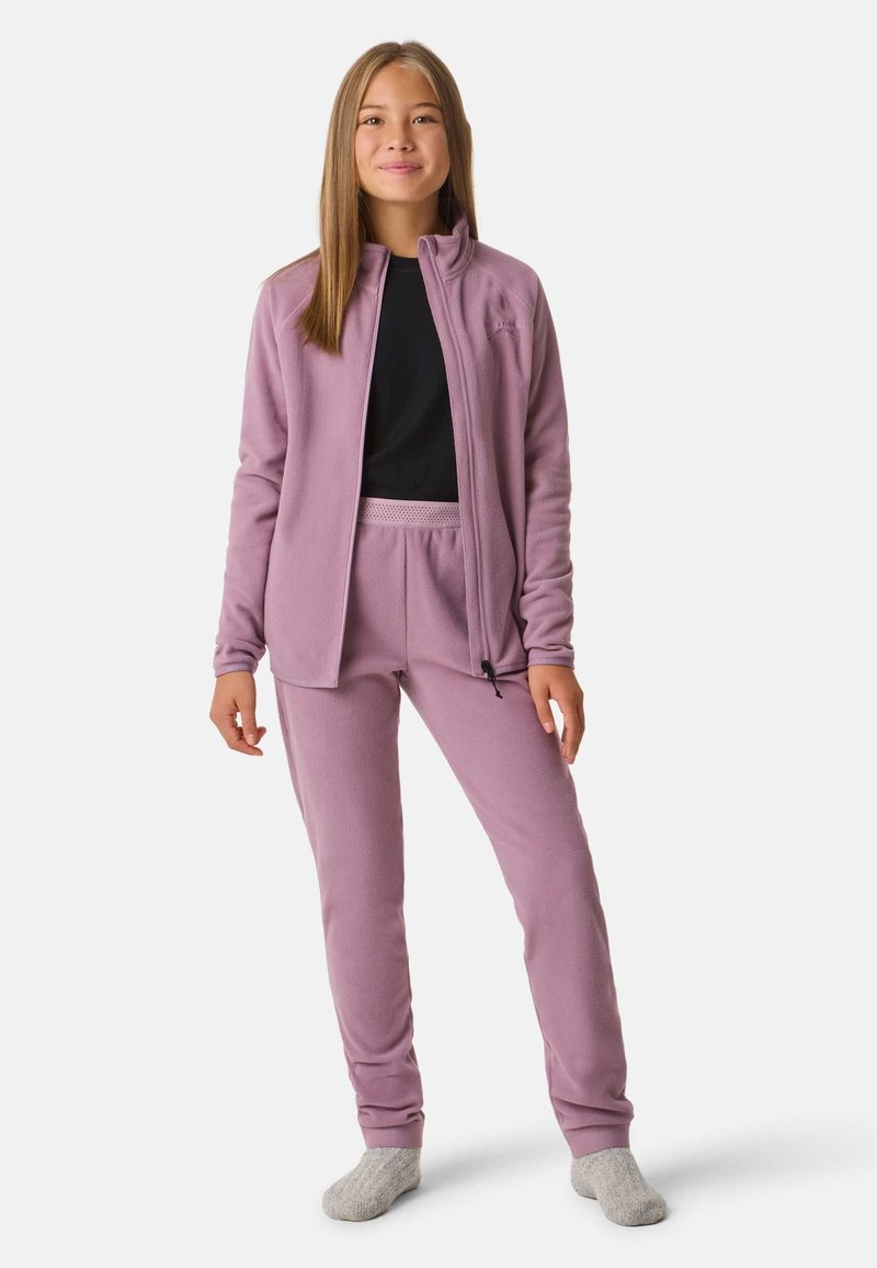Fleece tracksuit in light purple, featuring a zip-up jacket with high collar and matching pants with an elastic waistband, smooth texture.